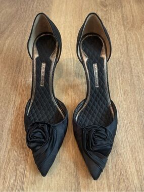 Giorgio Armani Black Satin Pointed-Toe D'Orsay Heels with Rosette